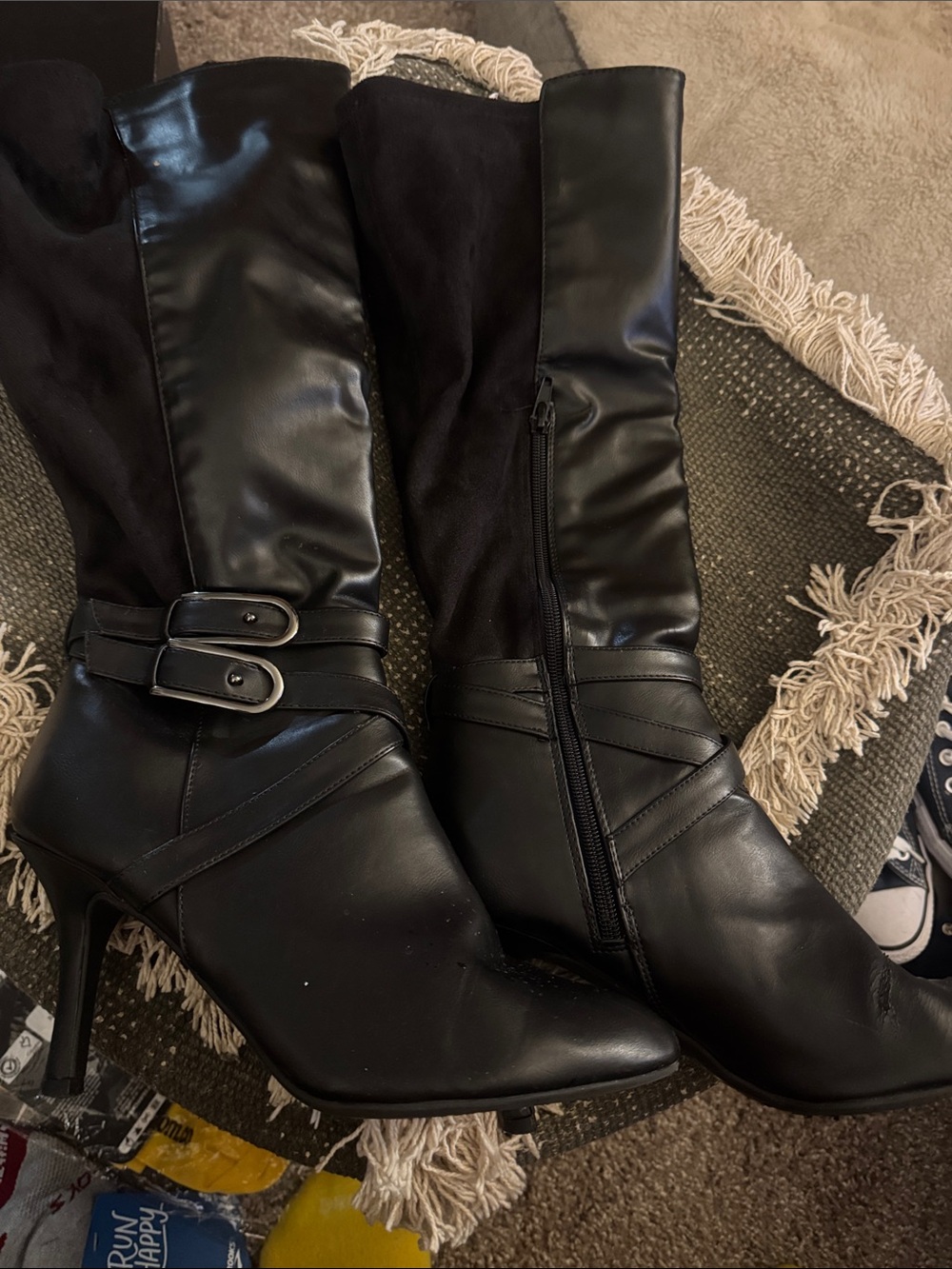 CL by Chinese Laundry Black Mid-Calf Heeled Boots with Buckle Straps